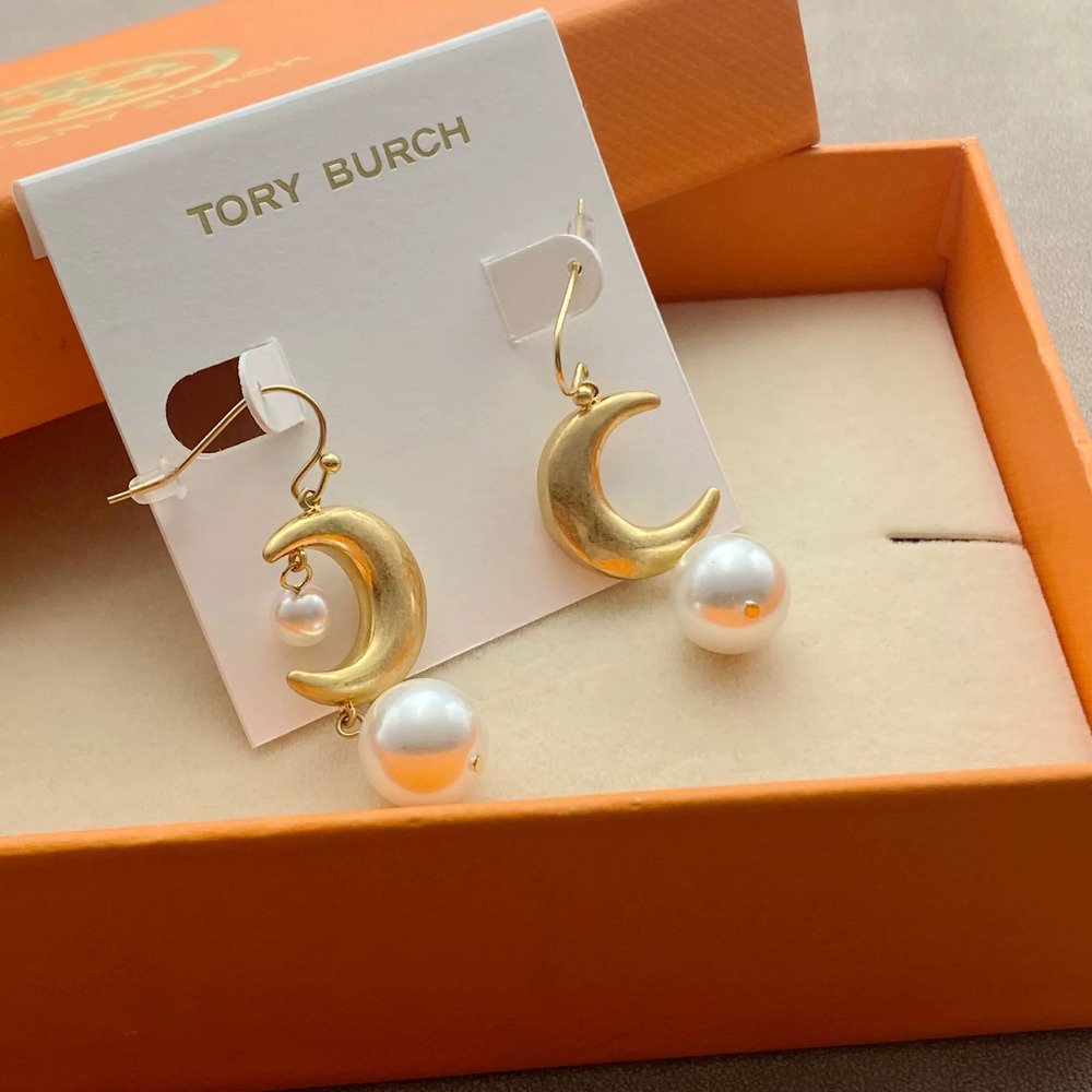 Tory Burch Pearl Inlaid Metal Moon Earrings Studs